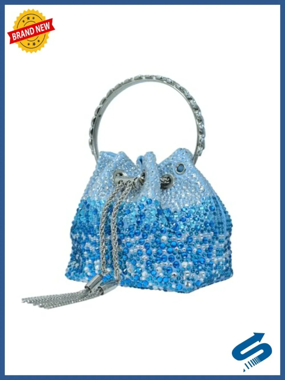 Crystal Rhinestone Evening Clutch Drawstring Purse Party Bag with Chain